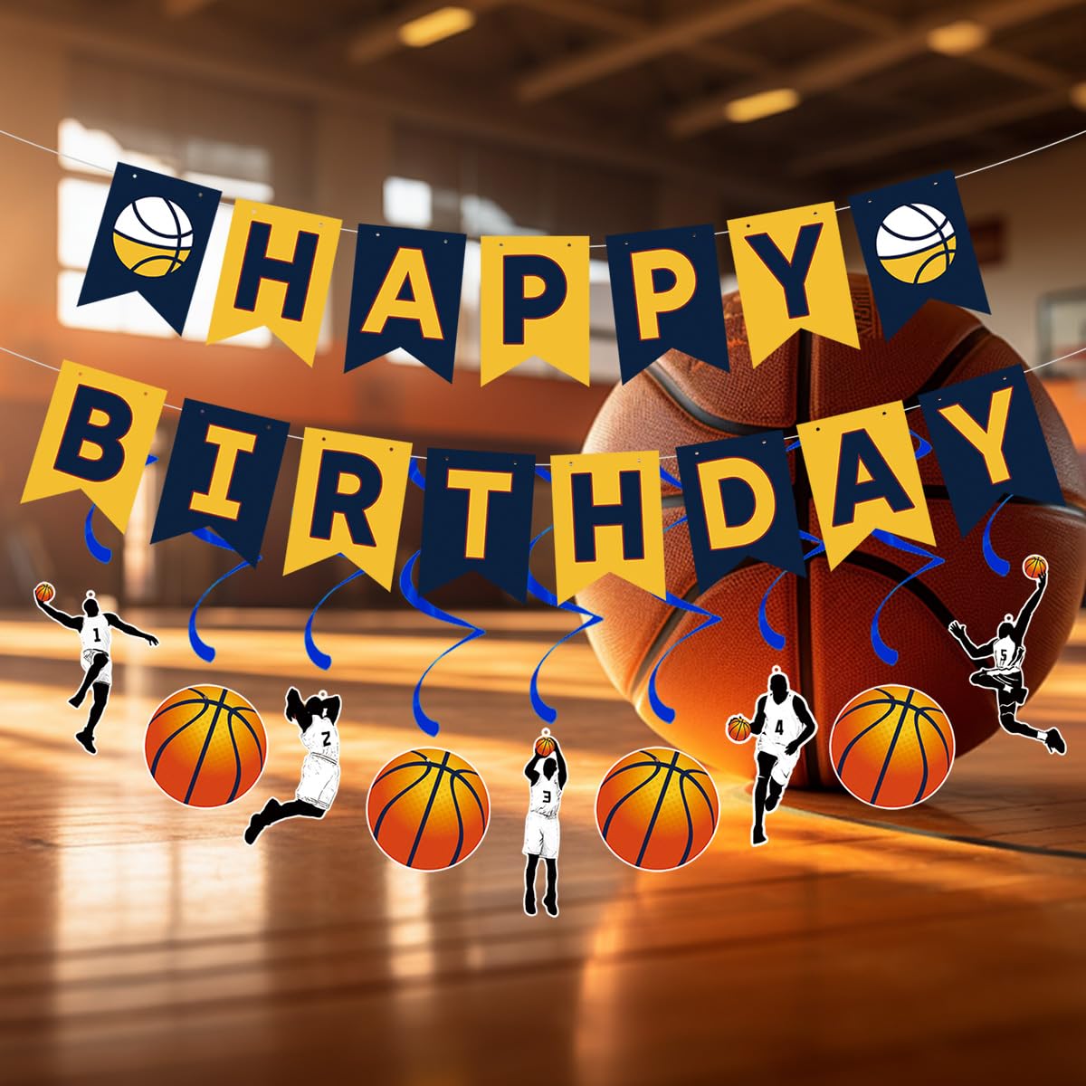 Juego de decoraciones de fiesta de cumpleaños de baloncesto para niños, pancarta de feliz cumpleaños, remolinos colgantes para niños y hombres, juego de baloncesto, tema deportivo, baby shower, fiesta
