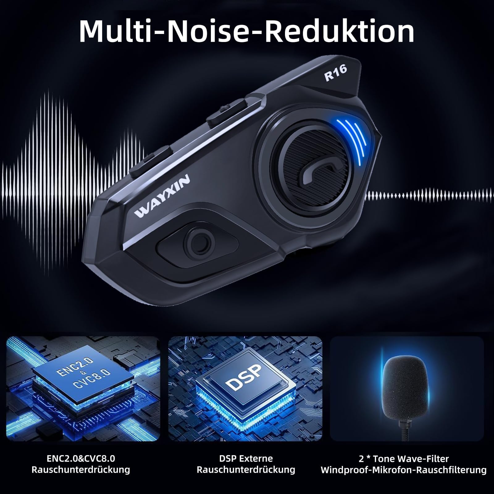 R16 motorrad headset –intercom motorrad mit Dual-Chip, Multi-Audio,motorrad kommunikationssystem für 6-8 Personen Gruppe – Kompatibel Musik teilen & FM-Radio, mit Anderen Marken IP67