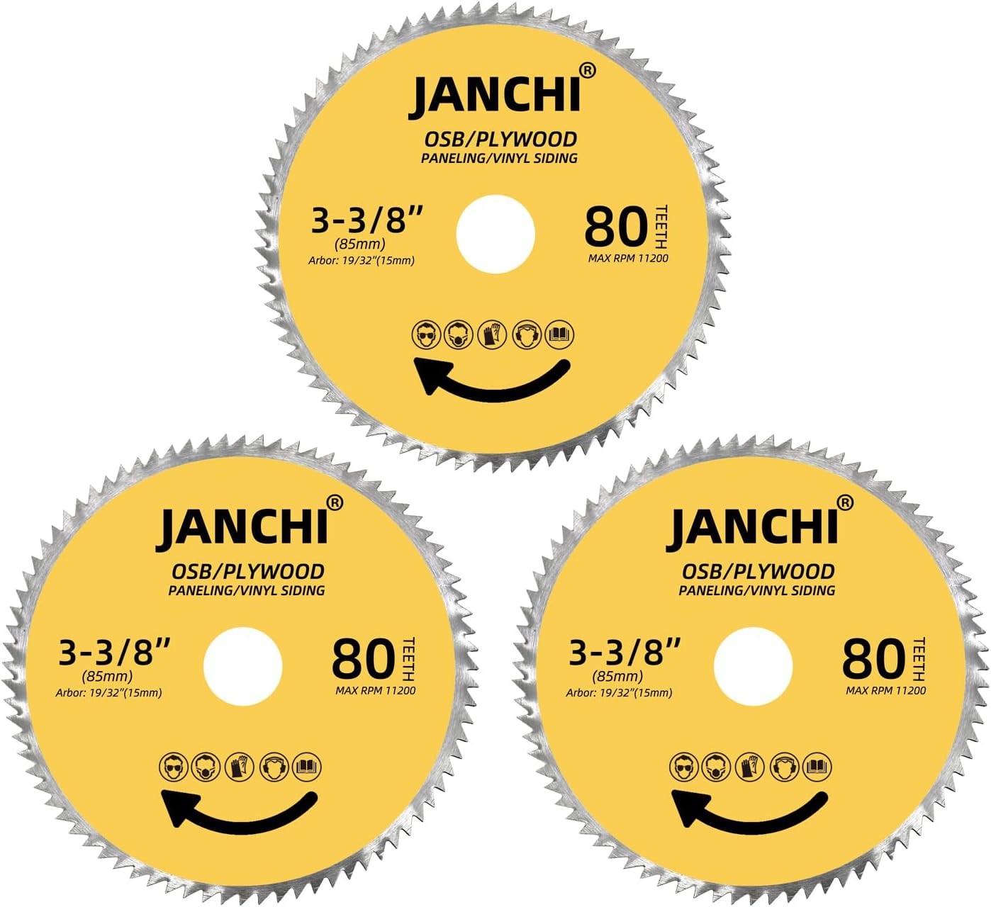 3Pack 3-3/8 Inch 80T Circular Saw Blade 19/32 Inch (15mm) Arbor, Plywood, OSB, Paneling and Vinyl Siding Fast and Smooth Cutting Saw Blade