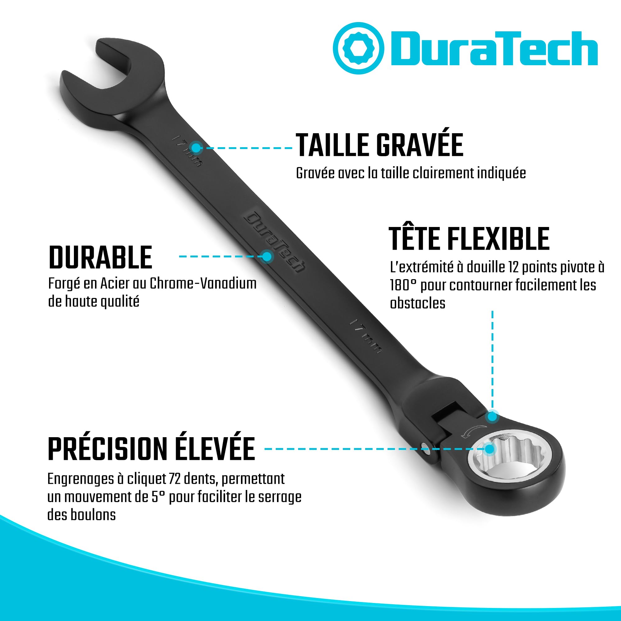 DURATECH Jeu de Clés Mixtes à Cliquet Tête Flexible, 9 Pièces, Noir Électro | 8–17 mm, Cliquet 72 Dents, Acier Cr-V, Tailles Métriques, Pochette Enroulable