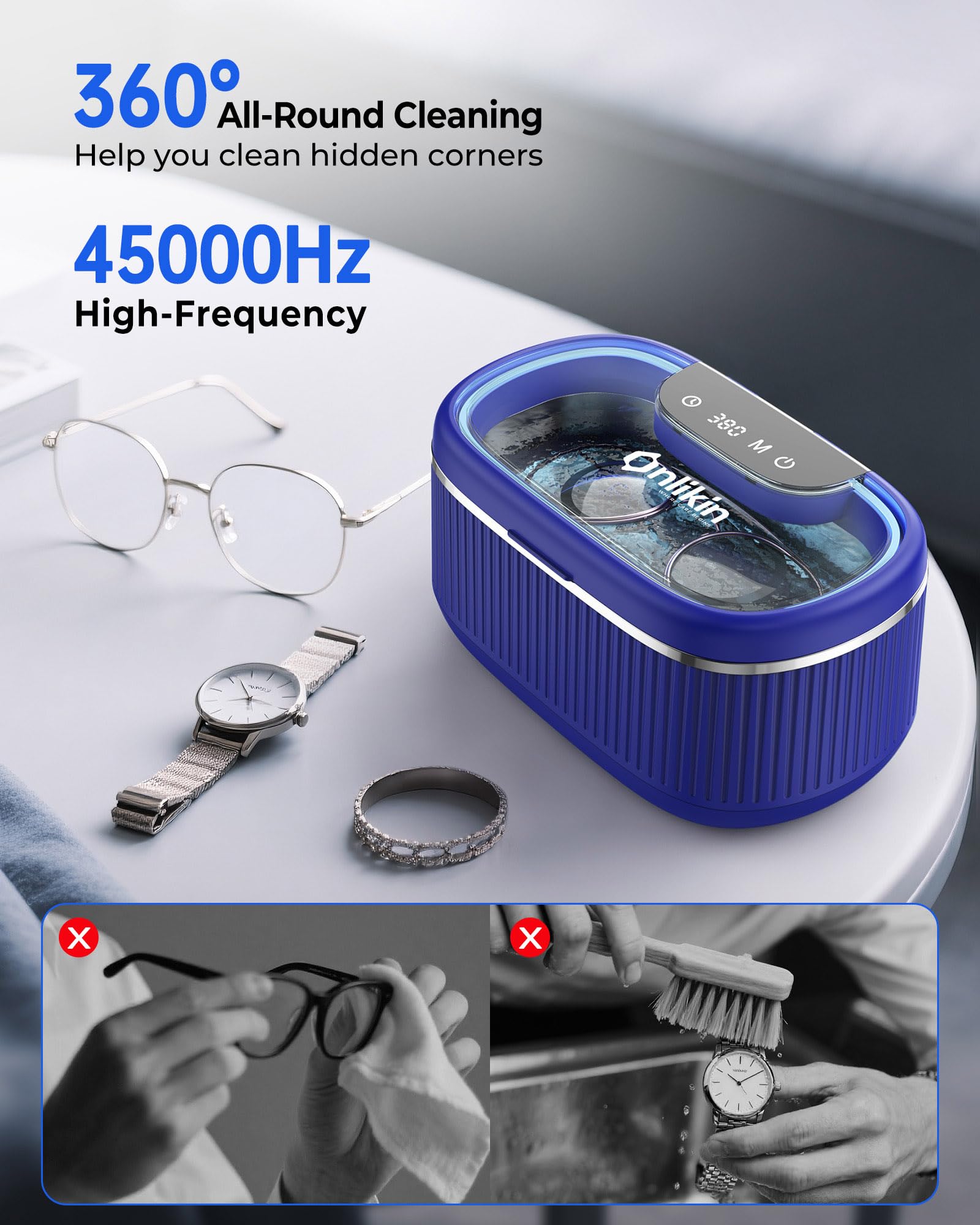 Limpiador ultrasónico de joyas de 45 KHz, 5 temporizadores y 3 modos de potencia, limpiador de retenedor de 35 W para joyas, lentes, anillos, correa de reloj, dentaduras postizas, silencioso
