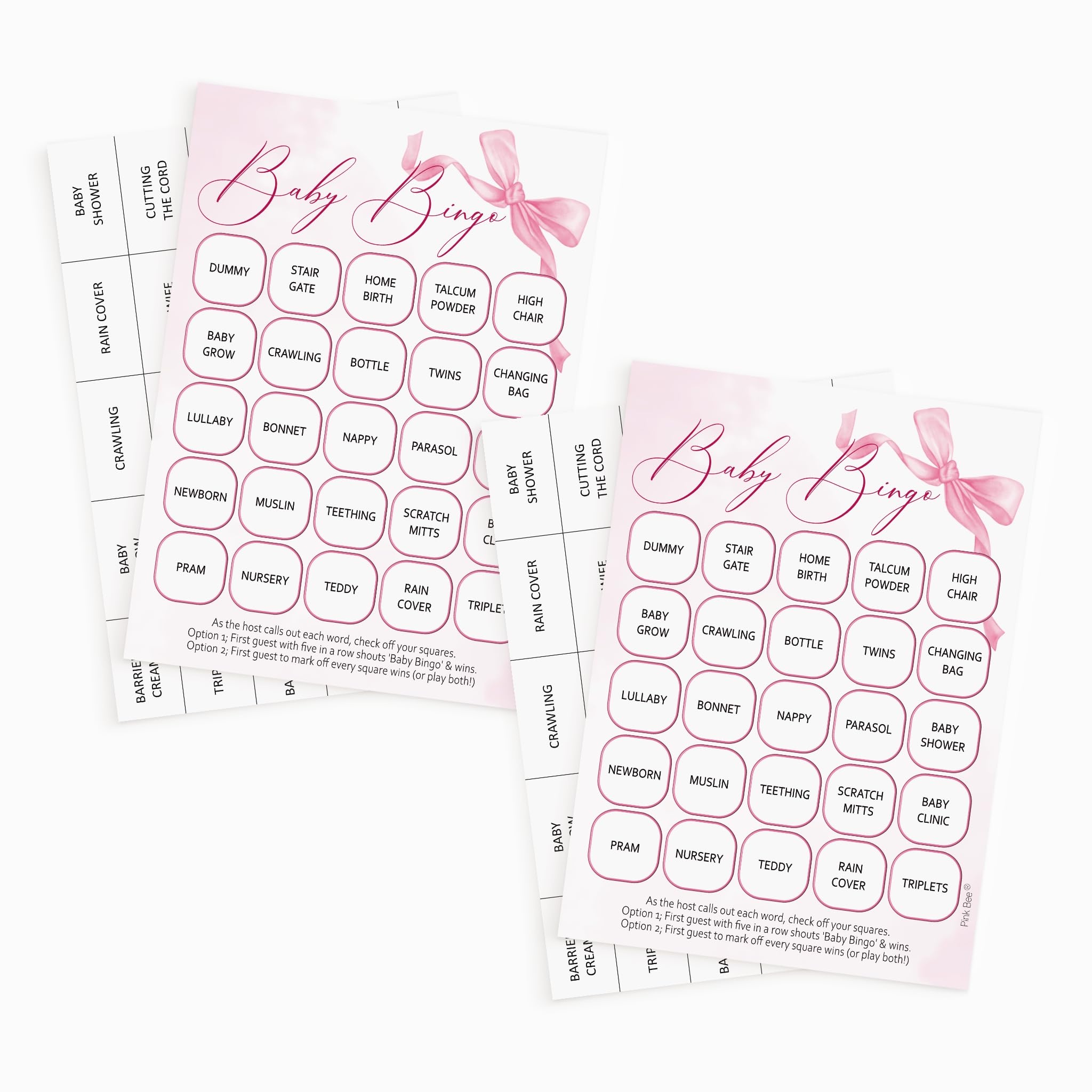 Pink Bee Baby Shower Bingo Game in a Pretty Pink Bow Theme for Baby Girls celebrations (2x20 Player)