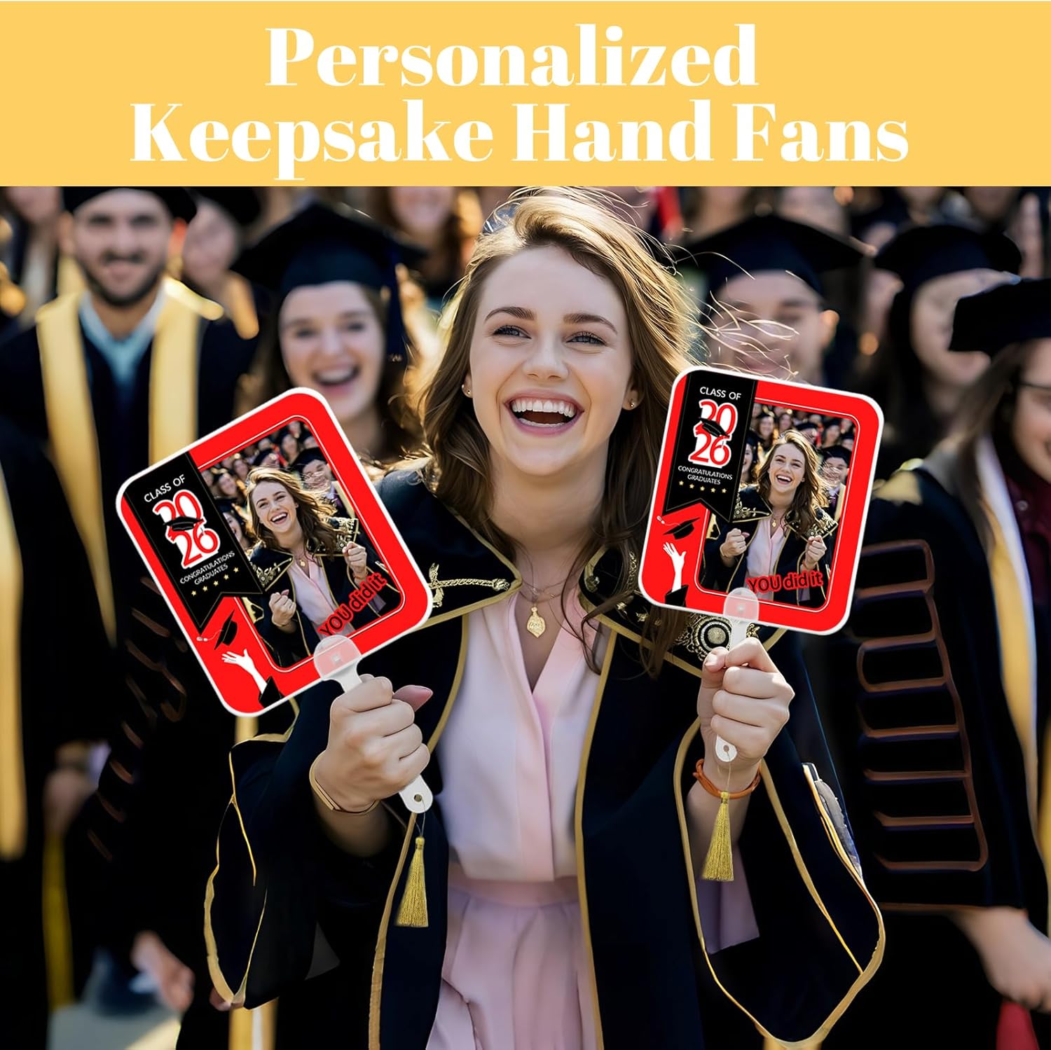 HJX 50Pcs Personalized Graduation Fans with Photo Class of 2026 Custom Fan Photo Frames with Handle for Graduation Party Souvenirs (50)