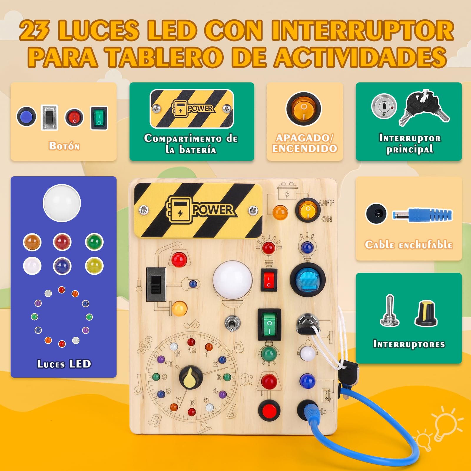 Hoarosall Busy Board Juguetes Montessori 1 años Tablero de Actividades Juguete Sensoriales de Madera con 10 interruptores y 23 Luces LED Educativo Motricidad Fina para Niños 1 2 3 Años, Niños y Niñas