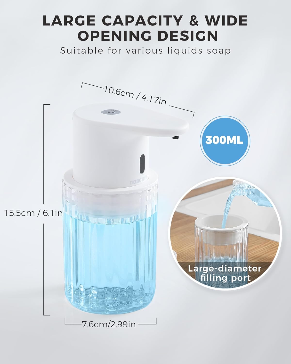 Automatic Foaming Soap Dispenser Touchless, 10oz/300ml Rechargeable, 3 Adjustable Foam Levels, IPX7 Waterproof, for Kitchen Bathroom, White - Image 2