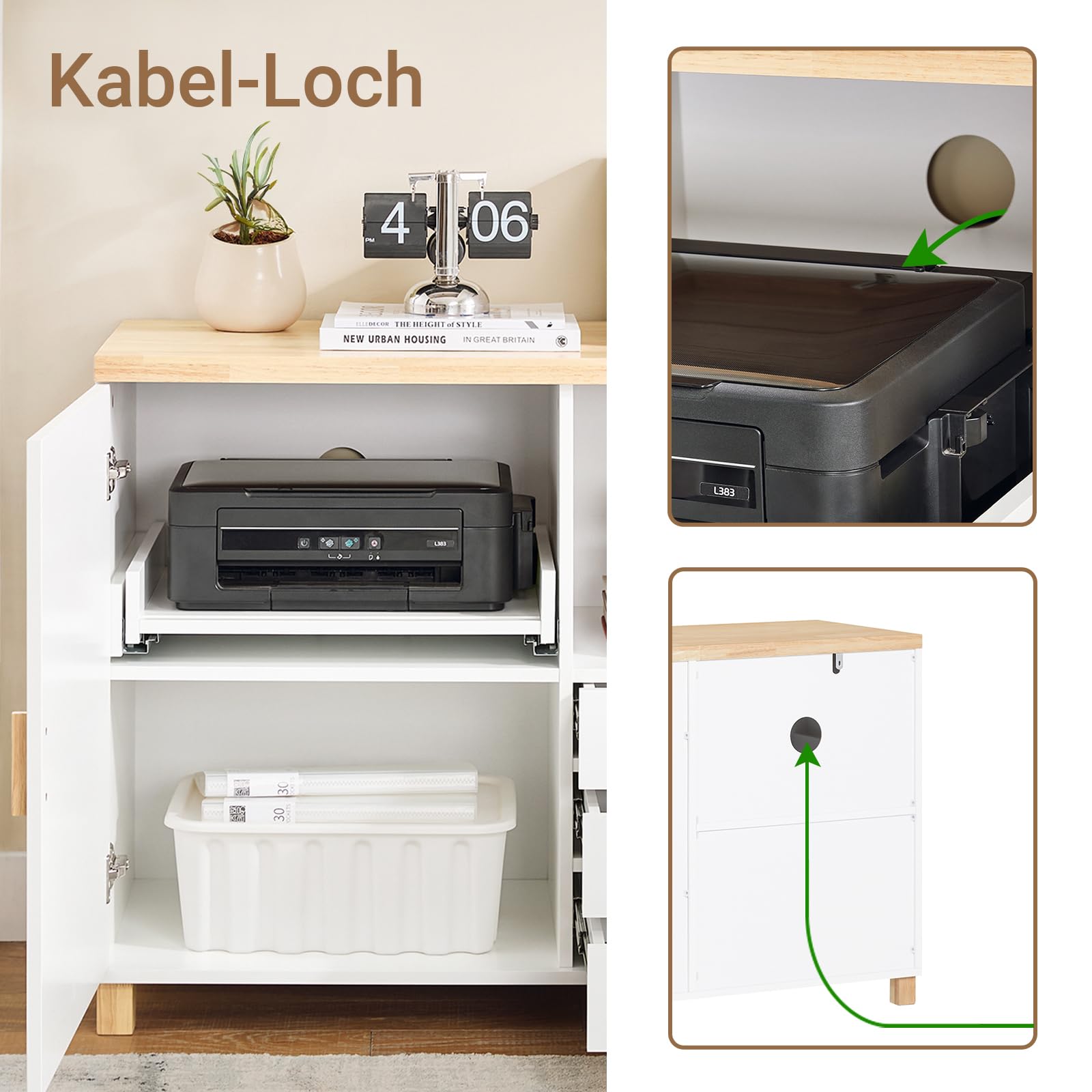 SoBuy Druckertisch Schreibtisch Unterschrank mit 3 Schubladen und 1 offenem Fach Büro Schubladenschrank Aktenschrank Druckerschrank Platzsparender Büroschrank Weiß-Natur 90x75x45cm ASK07-WN