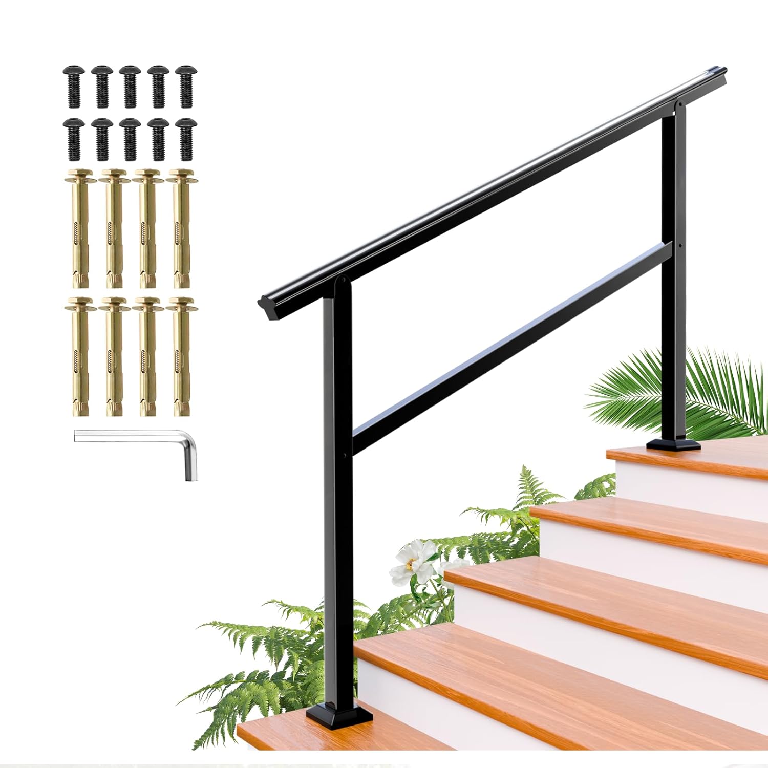 SPACEEUP Hand Rails for Outdoor Steps,5 Step Handrail?60" x 34" Fits 0 to 5 Steps, Outdoor Stair Handrail Kit, Black Railings for Outdoor Steps for Porch Deck?Hand Rails for Seniors, Mirror Black
