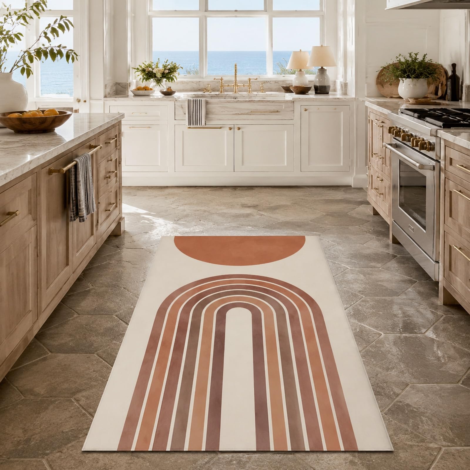 Tapis de salon géométrique marron beige anti-tache 120x170cm facile a nettoyer