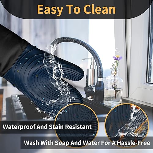 Miniatura 3 de Dorkuova Guantes de horno de silicona, guantes forrados de algodón, sin BPA, guantes largos de cocina y salvamanteles, juego de guantes de horno