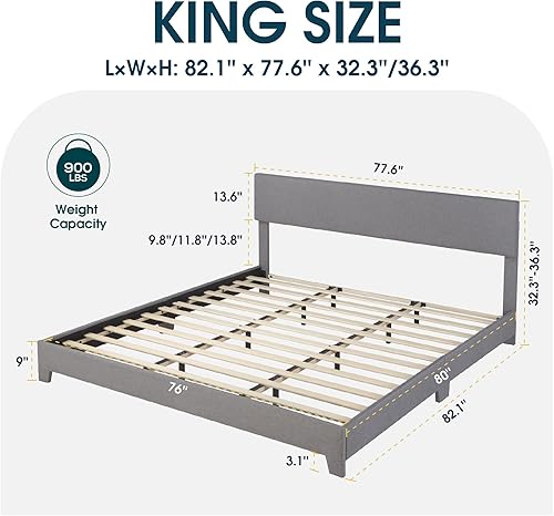 Miniatura 2 de WEEWAY Base de cama tamaño King tapizada con cabecero de lino ajustable y listones de madera fuertes, base de colchón resistente, no necesita