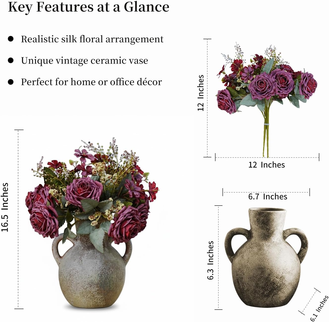 15” Flower Arrangement with Terracotta Vase, Pre-Arranged Faux Roses & Mixed Flowers Centerpiece for Rustic Farmhouse Table Decor.