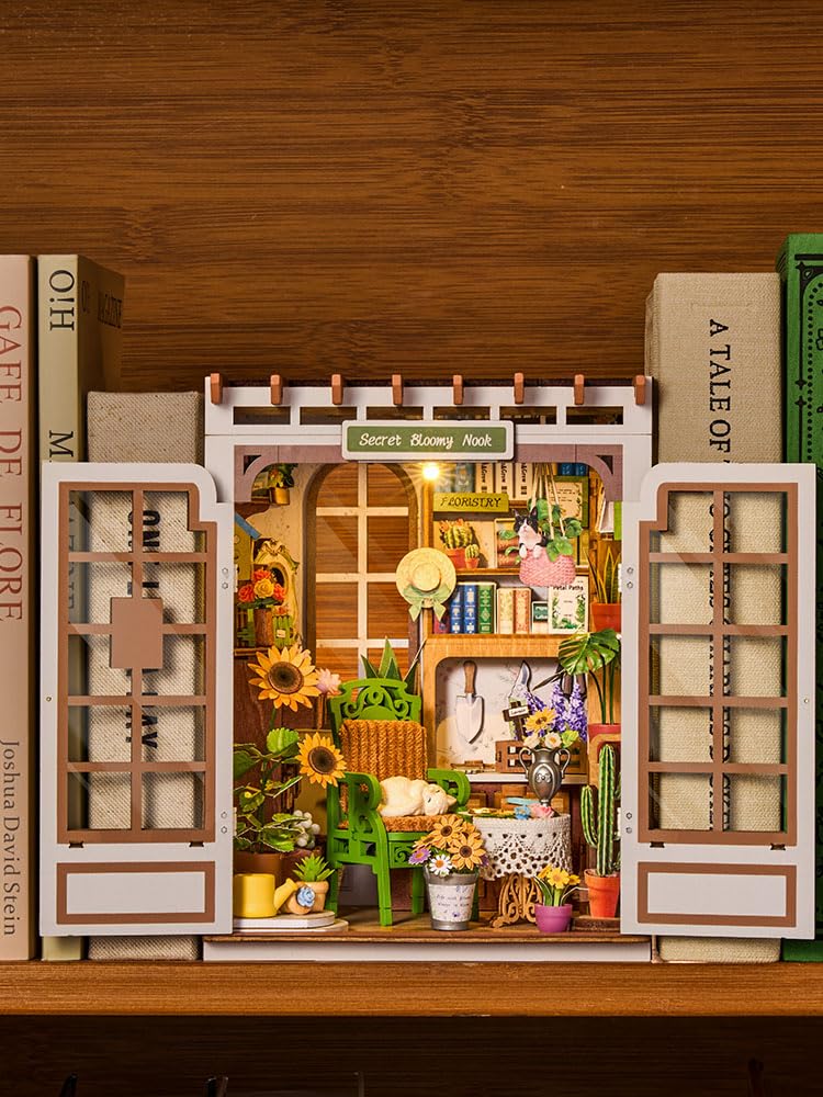Rolife Book Nook DIY Maquette en Bois Adulte avec Lumières Monde Floral Secret Puzzle 3D Miniature Maison à Construire Serre-Livres Diorama Décoration Livre Bibliothèque Salon