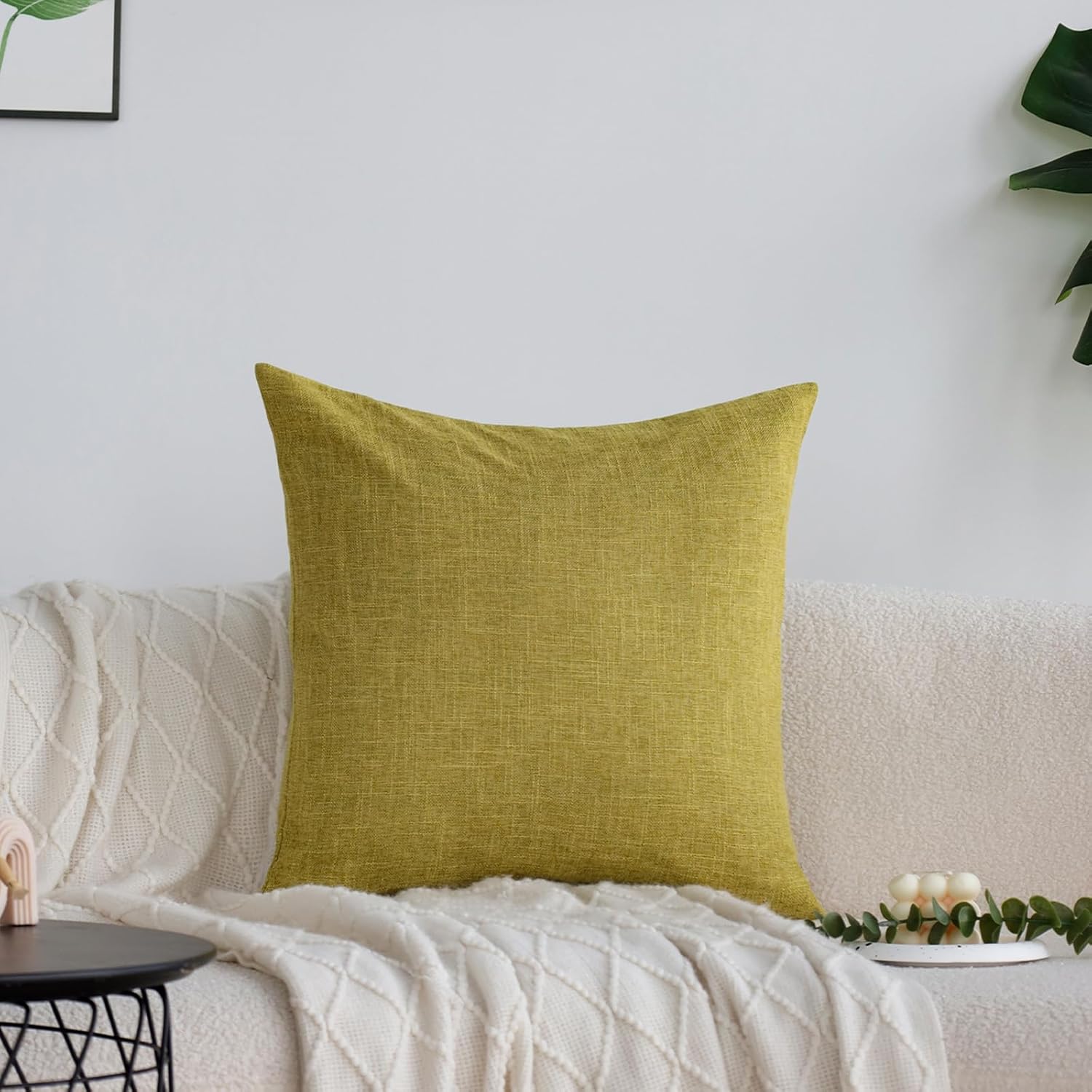 Set of 4 Light Green Throw Pillow Covers Neutral Textured Linen Decorative Pillowcases 24x24 Inch, Farmhouse Rustic Outdoor Pillow Cover Square Accent Cushion Cases for Sofa Couch Home