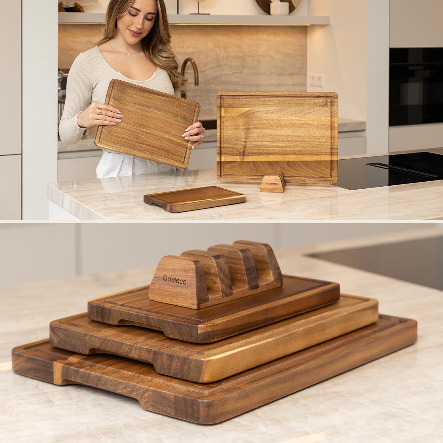 Schneidebrett Holz 3er Set mit Ständer (40x30, 33x24, 26x18 cm) - FSC Akazienholz Schneidebrett massiv 2.5 cm dick mit Saftrille - Acacia Holz Küchenbrett Set groß klein