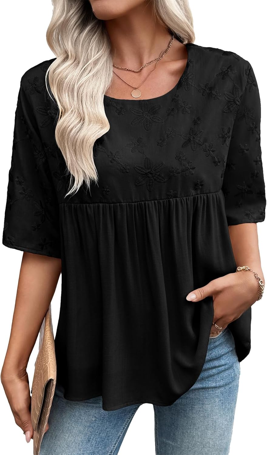 EVALESS Womens Spring Summer Tops Casual Crewneck Half Sleeve Shirts Blouses Cute Floral Embroidered Boho Babydoll Tops