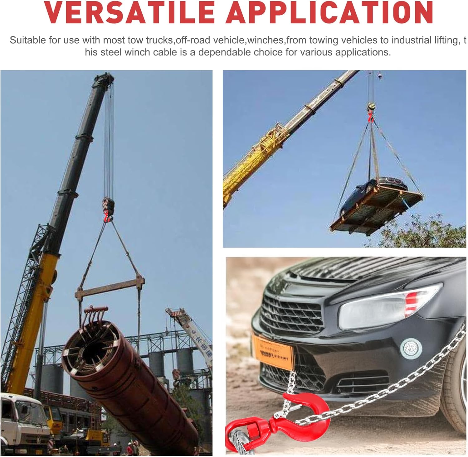 Steel Winch Cable,3/8" x 100' Wire Rope with Swivel Hook,17637 Lbs Breaking Strength,6x19 Strand Core Steel Towing Cable for Tow Truck,Crane,Wrecker - Image 8