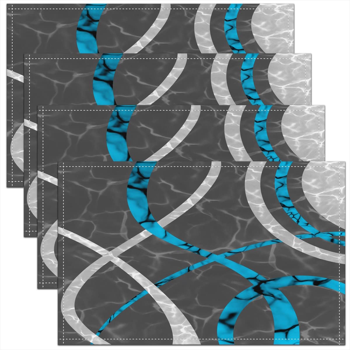Geometric Placemats Set of 4, Blue Grey Stripe Line Placemats for Dining Table, Modern Abstract Art Washable Fabric Table Mats Placemat 45x30cm