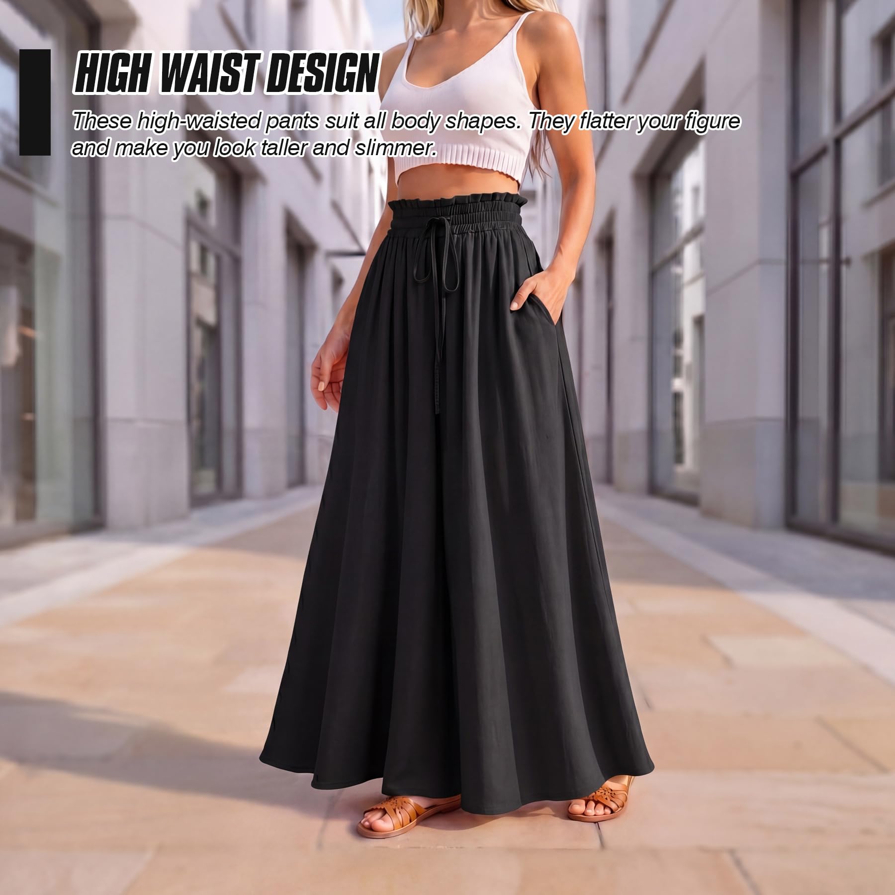Spesh Pantalon à jambes larges pour femme, taille haute élastique, pantalon d'été ample pour femme, pantalon décontracté avec poches