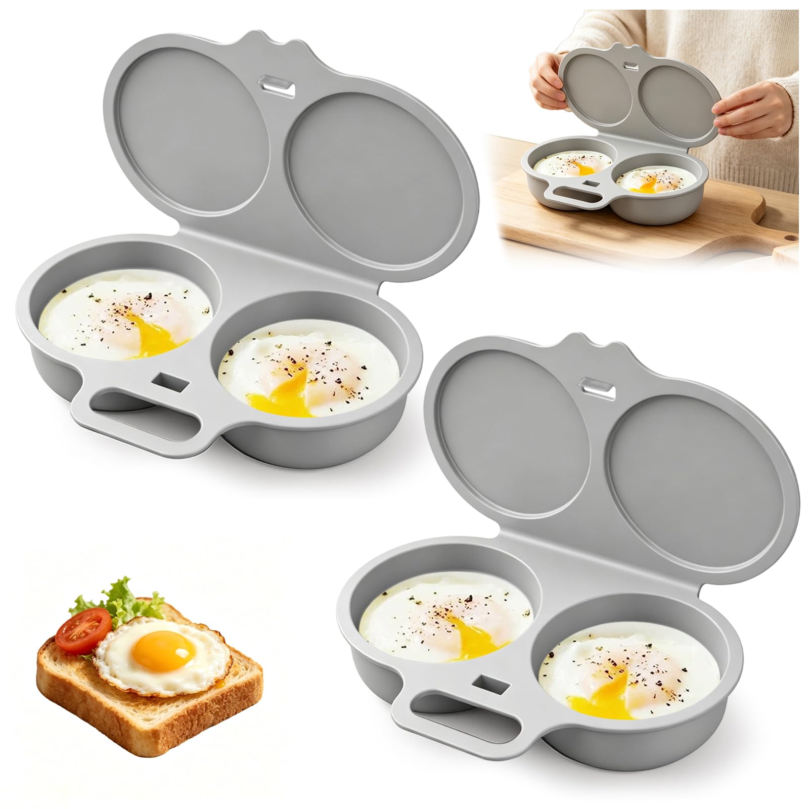 2PCS Grey Microwave 2 Cavity Egg Poacher, Non-Stick with Lid & Handle