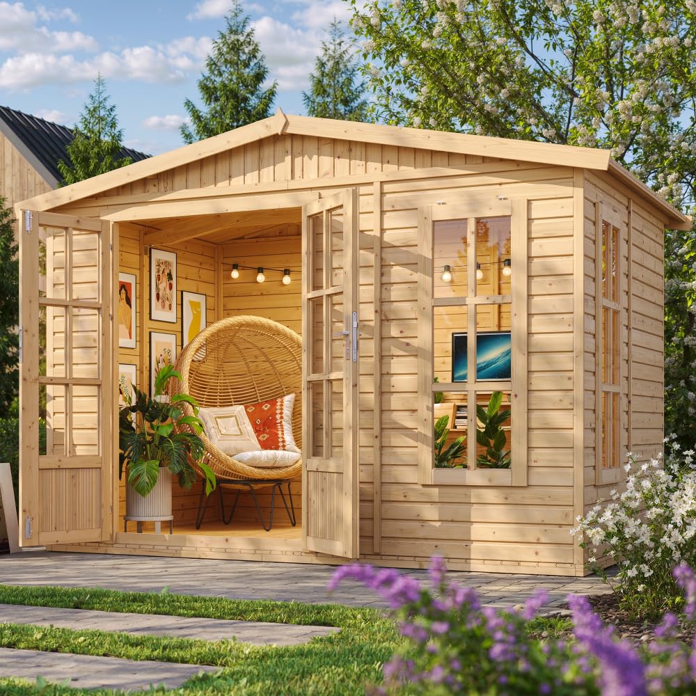 Caseta de jardín de Madera de 6 m2 - Cobertizo Jardin Exterior con Suelo, Ventana, Puerta Doble - Cabaña de jardín para Trabajar en casa - con Tejas bituminosas Negro - TIMBELA M334FB+H334FBBLACK
