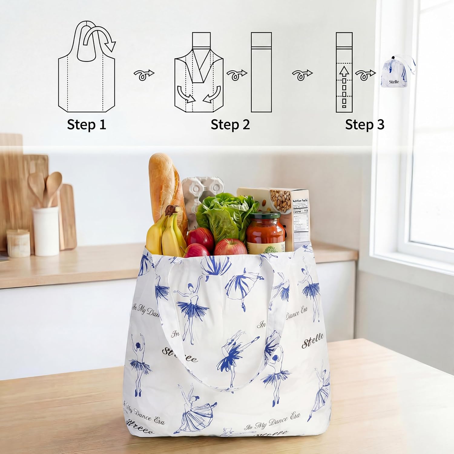 Stelle Lightweight Reusable Grocery Bag with Handles Ripstop Nylon Foldable Tote Shopping Bags for Travel and Groceries - Image 6