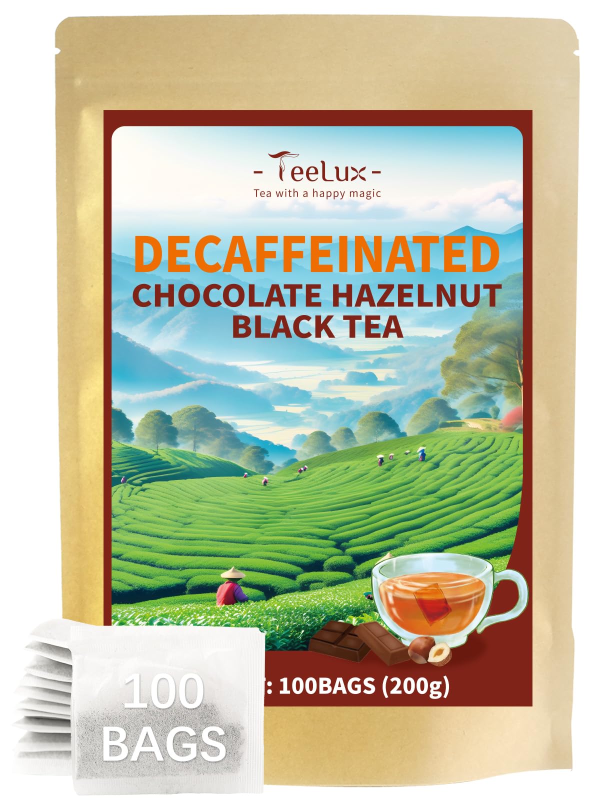 TeeLux Decaf Chocolate Hazelnut Black Tea, Decaffeinated Black Tea Flavored with Natural Chocolate & Hazelnut, Smooth & Full-Bodied, 100 Count