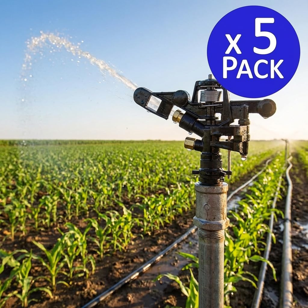 Suinga Aspersor de Riego Agricola Ajustable 3/4'' | Pack 5 Aspersores con Alcance 12 a 19 m | Aspersor de Jardin Sectorial de 0 a 360º con Boquilla de Latón