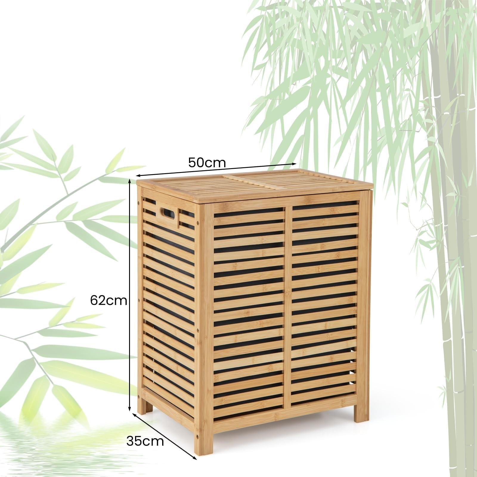 LIFEZEAL Panier à Linge avec Couvercle en Bambou 80 L, Corbeille à Linge Sale avec Sac en Tissu Amovible et Lavable, 50 x 35 x 62 cm, Naturel
