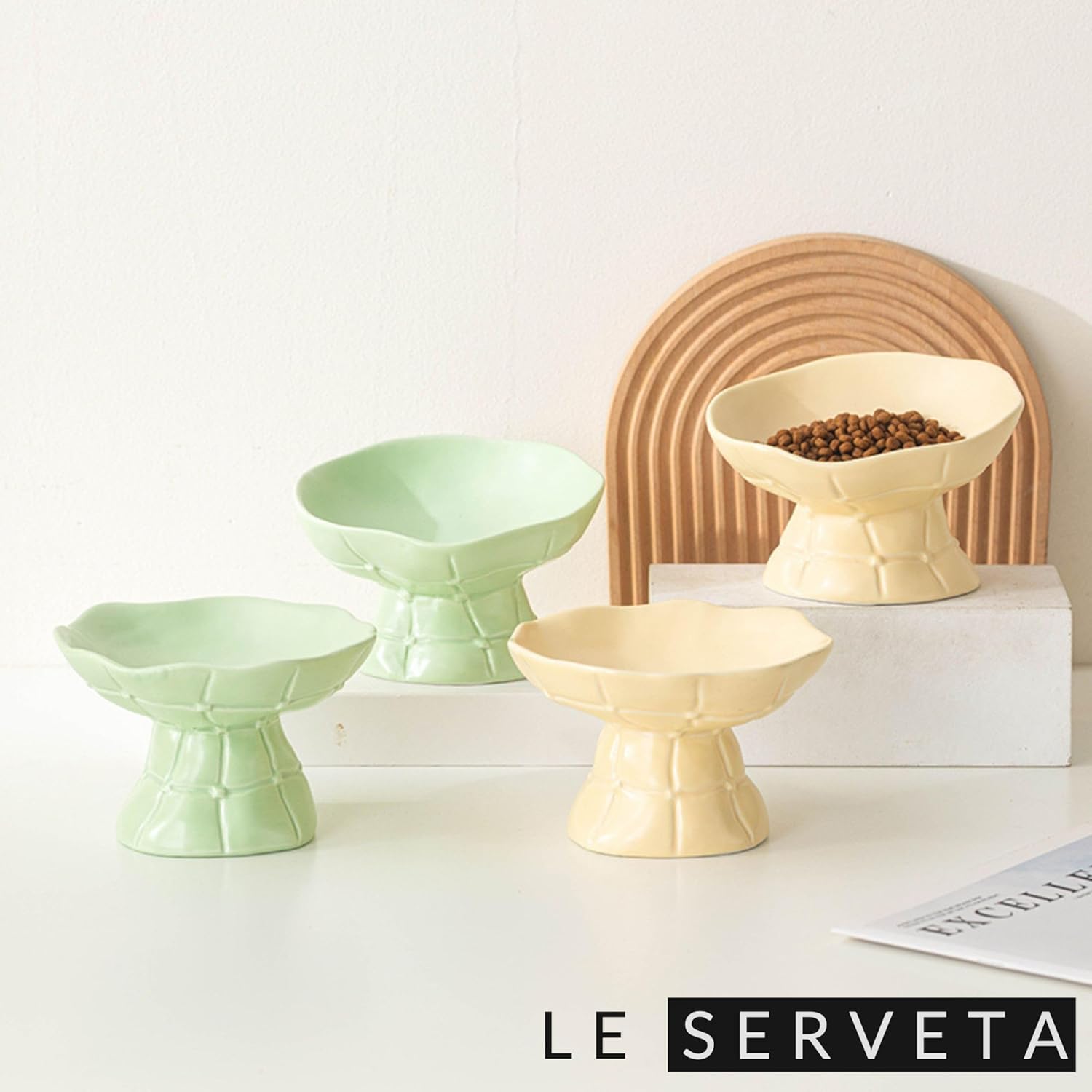 Lotus Series Tilted cat Feeder, Ceramic Raised Cat and Dog Food Dishes, Modern Minimalist Lotus Root Design (Green)
