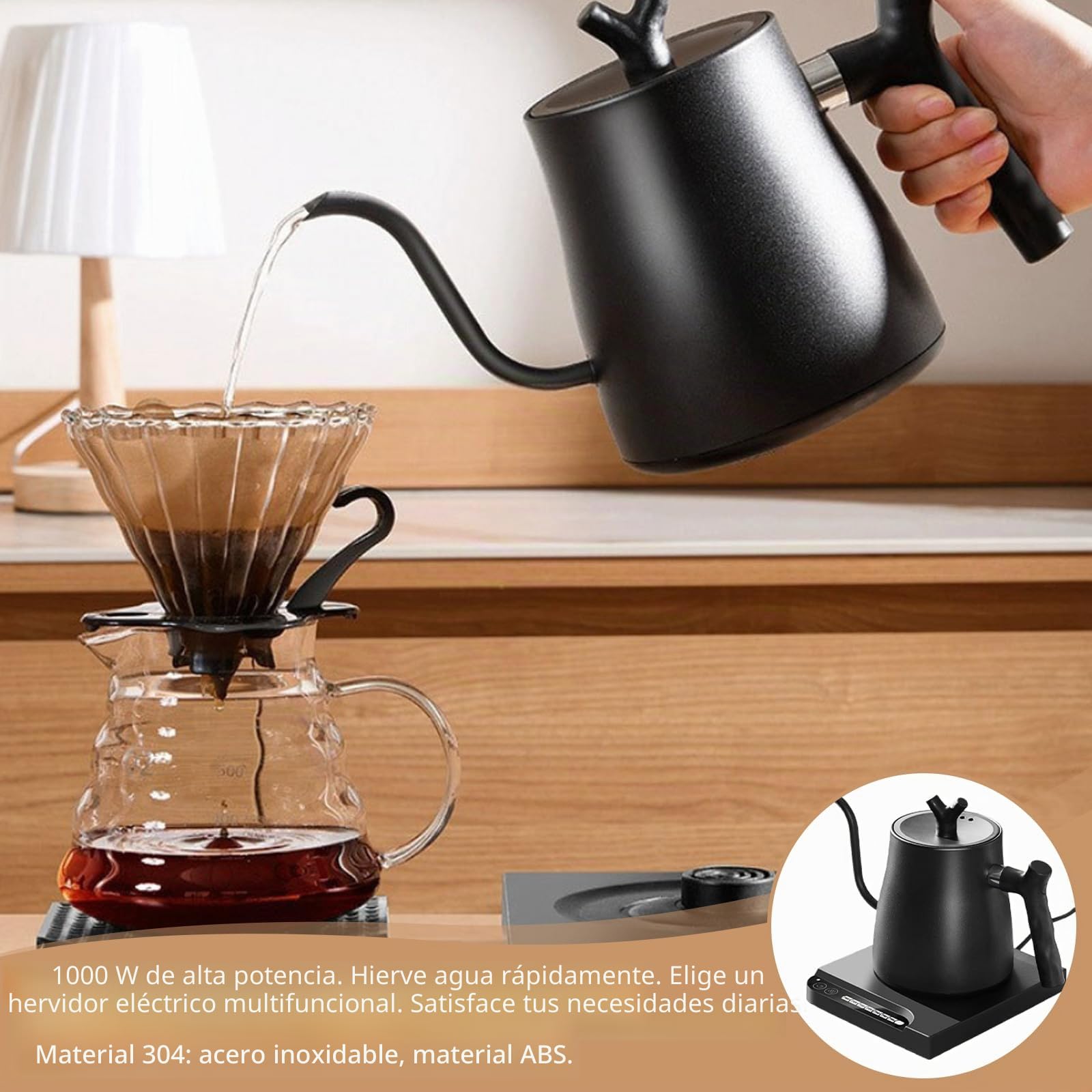 1L Hervidor de agua de acero inoxidable: Hervidor de agua de cuello de cisne, 45-100°C Regulación inteligente de temperatura, 1000W Hervidor eléctrico para el hogar y preparación de café, negro