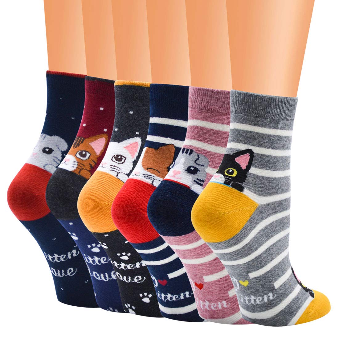 SPPRANDOM Aeiniwer 6 Pairs Womens Cute Animal Socks Cat Funny Casual Cotton Novelty Fun Crew Socks