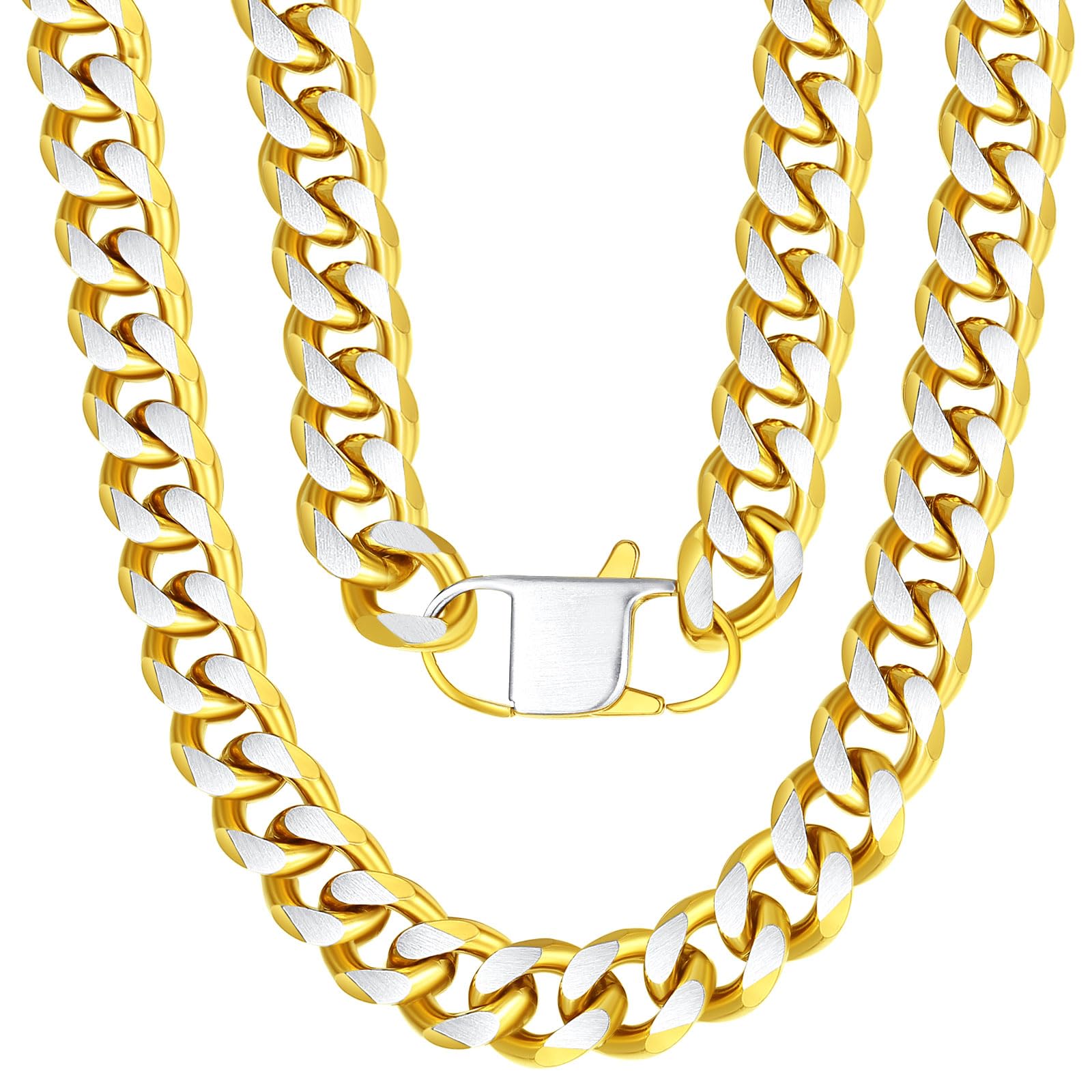YAMI Cuban Link Chain for Men, Blue/Black/14K Gold Stainless Steel 10-12MM Thick Cuban Link Curb Chain Necklace for Men/Women, 18/20/22/24/26Inch Two Tone Necklace Jewelry Gifts
