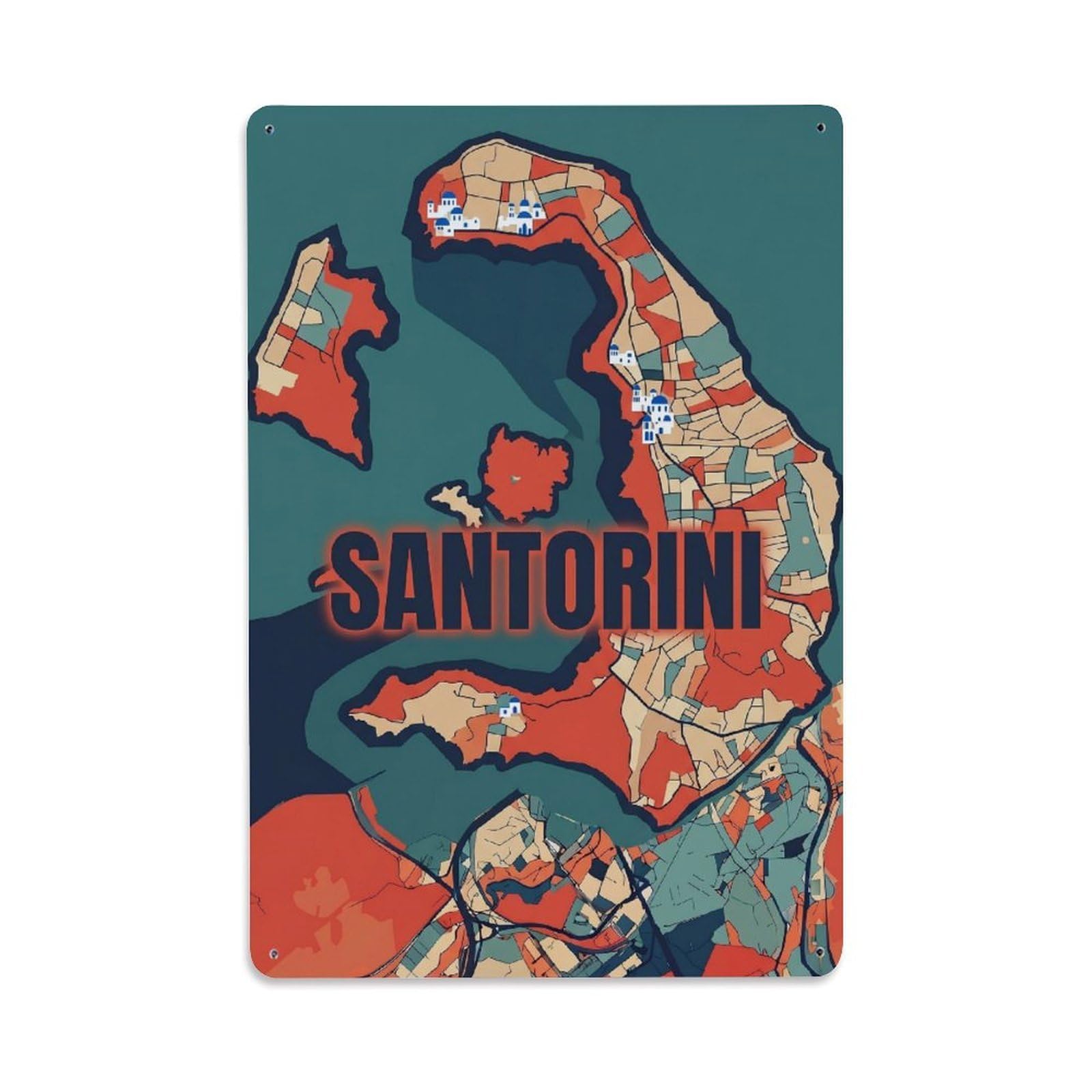 Okngb Style Santorini Greece Mediterranean Island Map Travel Vintage Metal Tin Sign Plaque Wall Decor For Cafe, Man Cave, Club Bar, Office, Home Garden Round Metal Poster 8X12inch