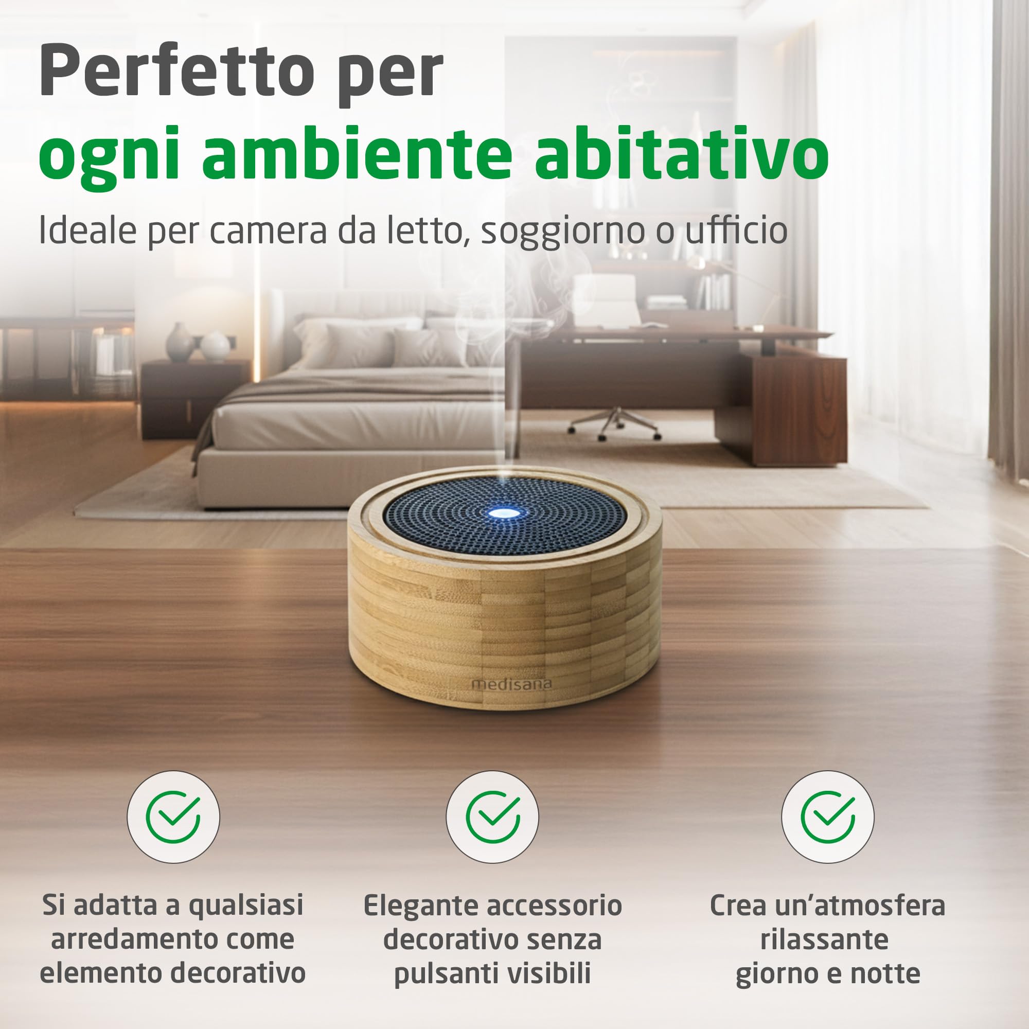 medisana | AD 625 | Diffusore d'aromi | Bambù | Fresco per ambienti | Deodorante aria | Lampada profumata con timer | Fragranza ambiente elettrico | Oli essenziali | Luce wellness in 6 colori | 100 ml