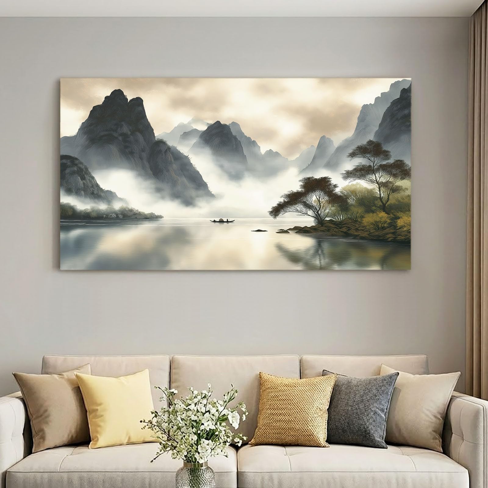 Obraz na płótnie, natura, krajobraz, XXL, obraz ścienny, dekoracja ścienna, 120 x 60 cm, druk artystyczny na płótnie z drewnianą ramą, szary góra jezioro, dekoracja ścienna do salonu, sypialni, biura