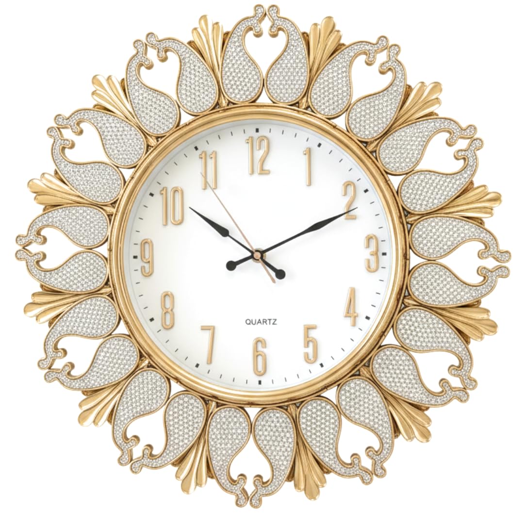 MAKA Orologio da Parete Moderno Grande Ø 48 cm in Resina Dorata con Brillantini, Design Moderno e Vintage, Orologio da Parete per Cucina, Soggiorno o Camera, Silenzioso (Soleil, Bianco)