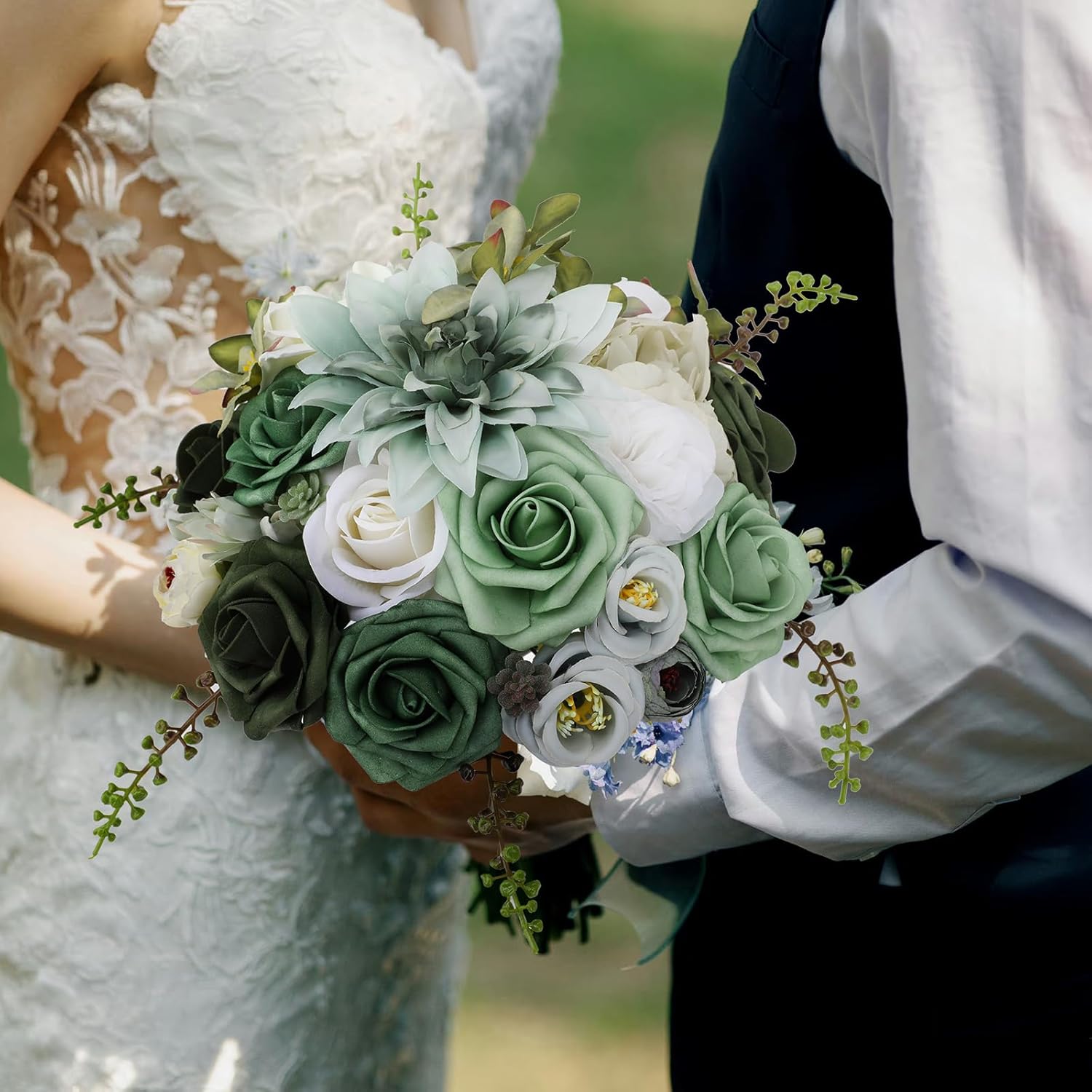 Floweroyal Artificial Flowers Combo Green Flowers Mix Silk Flowers Dahlia Roses with Stems for DIY Wedding Bridal Bouquets, Baby Shower, Floral Arrangement, Table Centerpieces, Home Decorations. - Image 5