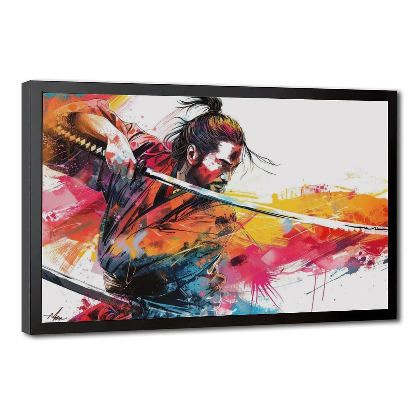 Pyberon Black Frame-Style Colorful Samurai Canvas Poster For Office Decor Gift
