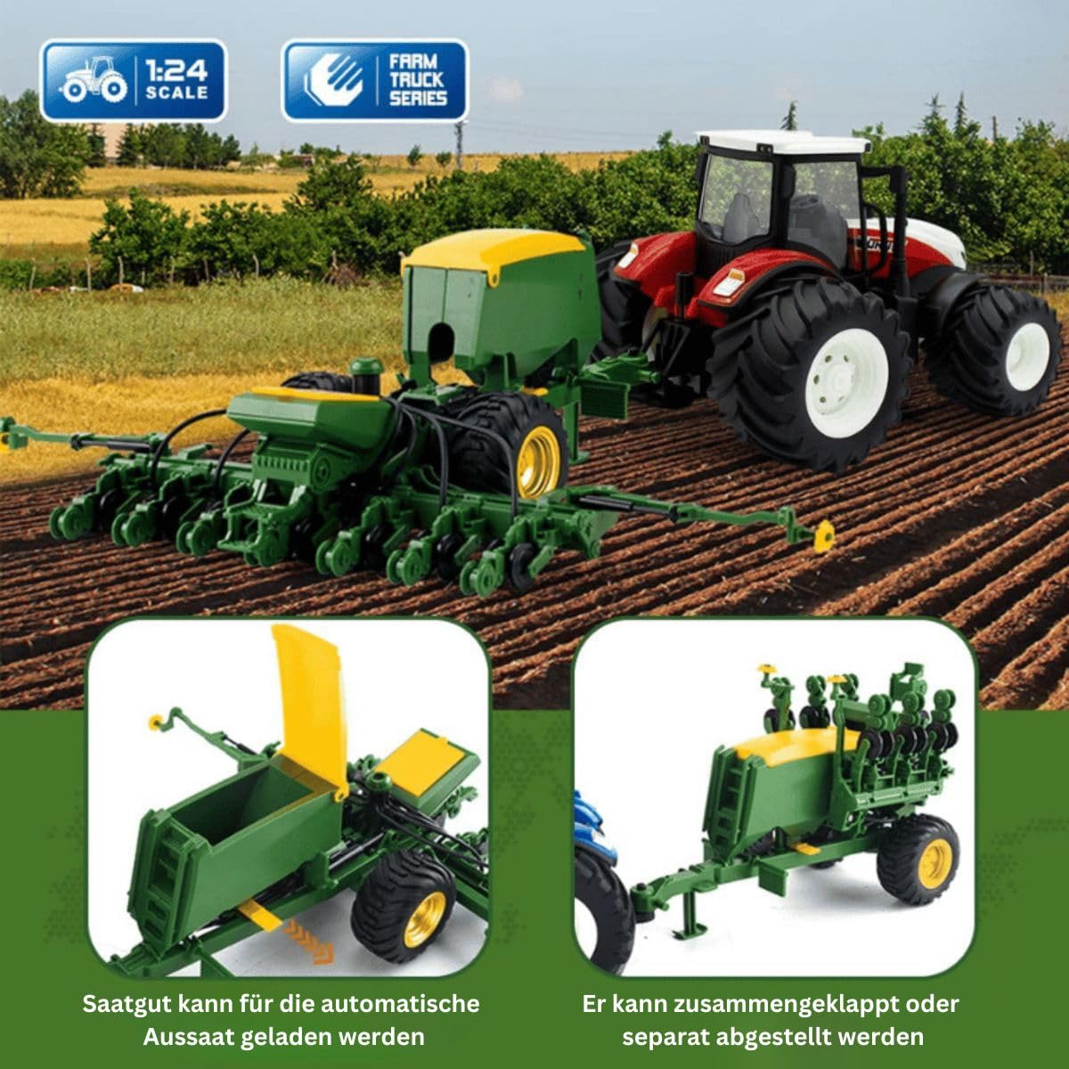 efaso RC traktor z siewnikiem, zdalnie sterowany dźwięk i światło, 1.24 RTR traktor dla dzieci