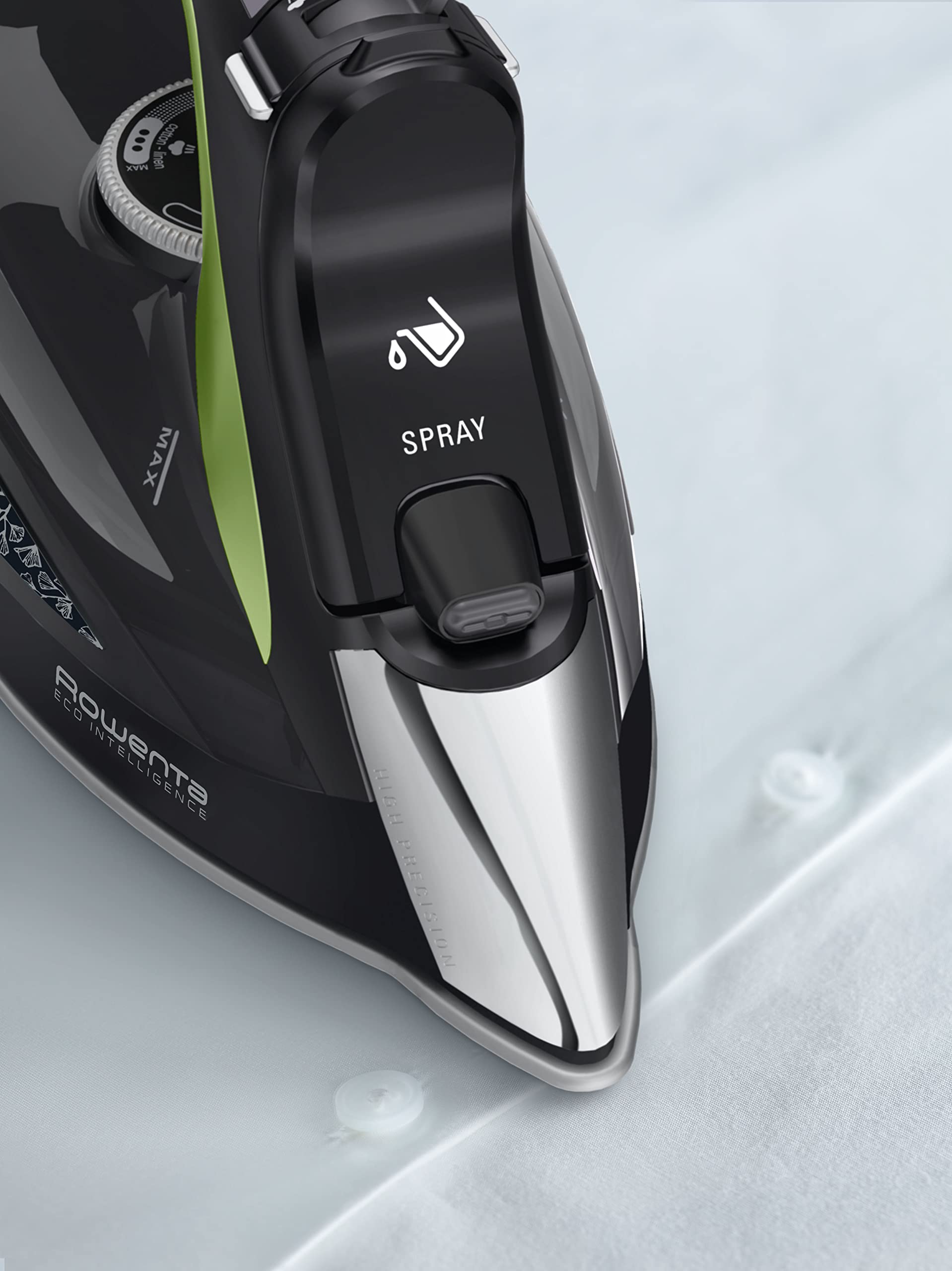 Rowenta Eco Intelligence Dampfbügeleisen, 2700 Watt, kontinuierliche Dampfabgabe: 45 g/Min., Dampfstoß: 180 g/Min., Microsteam400 HD 3De Laserbügelsohle, Anti-Tropf-Funktion, schwarz/grün, DW6330