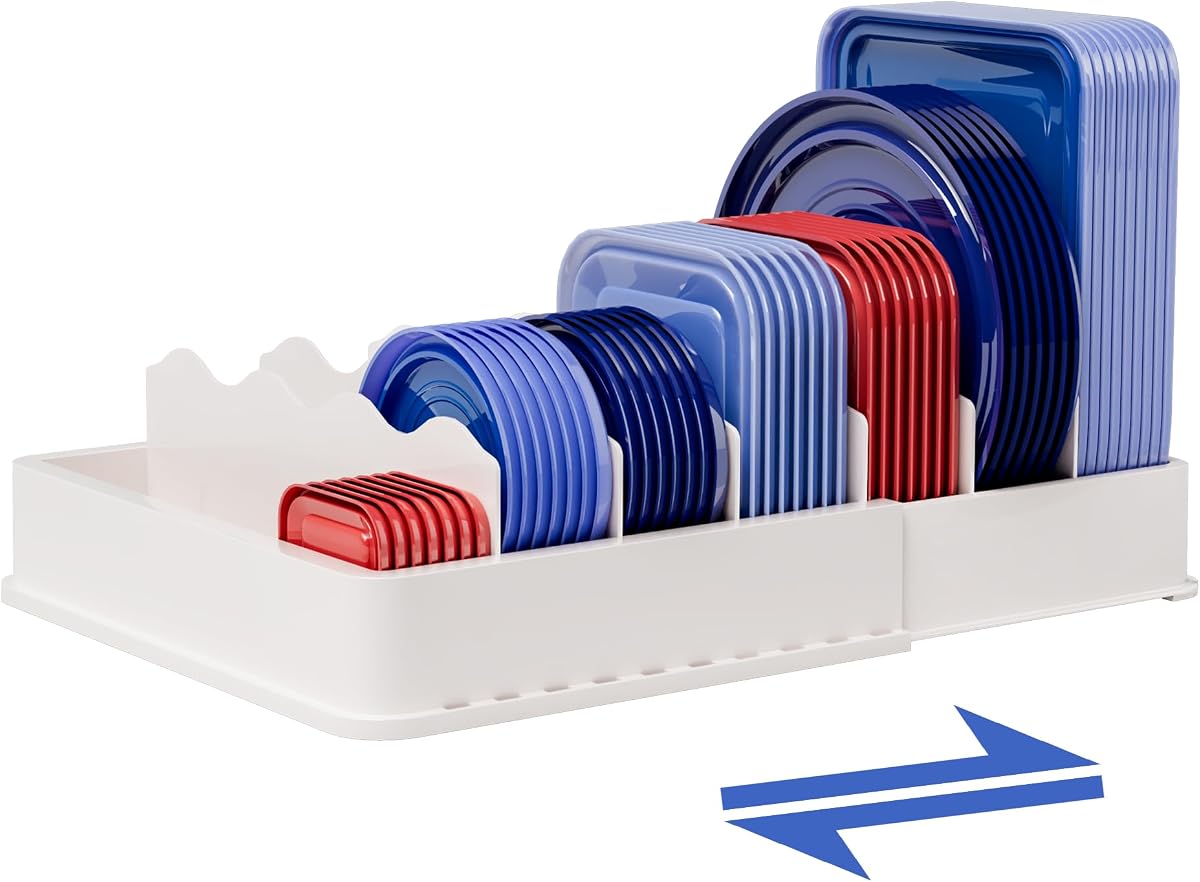 Expandable Food Container Lid Organizer for Kitchen Cabinet | Expands 9.8" to 17.3", Lid Holder with 6 Adjustable Dividers, 30 Writable Labels for Cabinets, Drawers and Pantry Storage