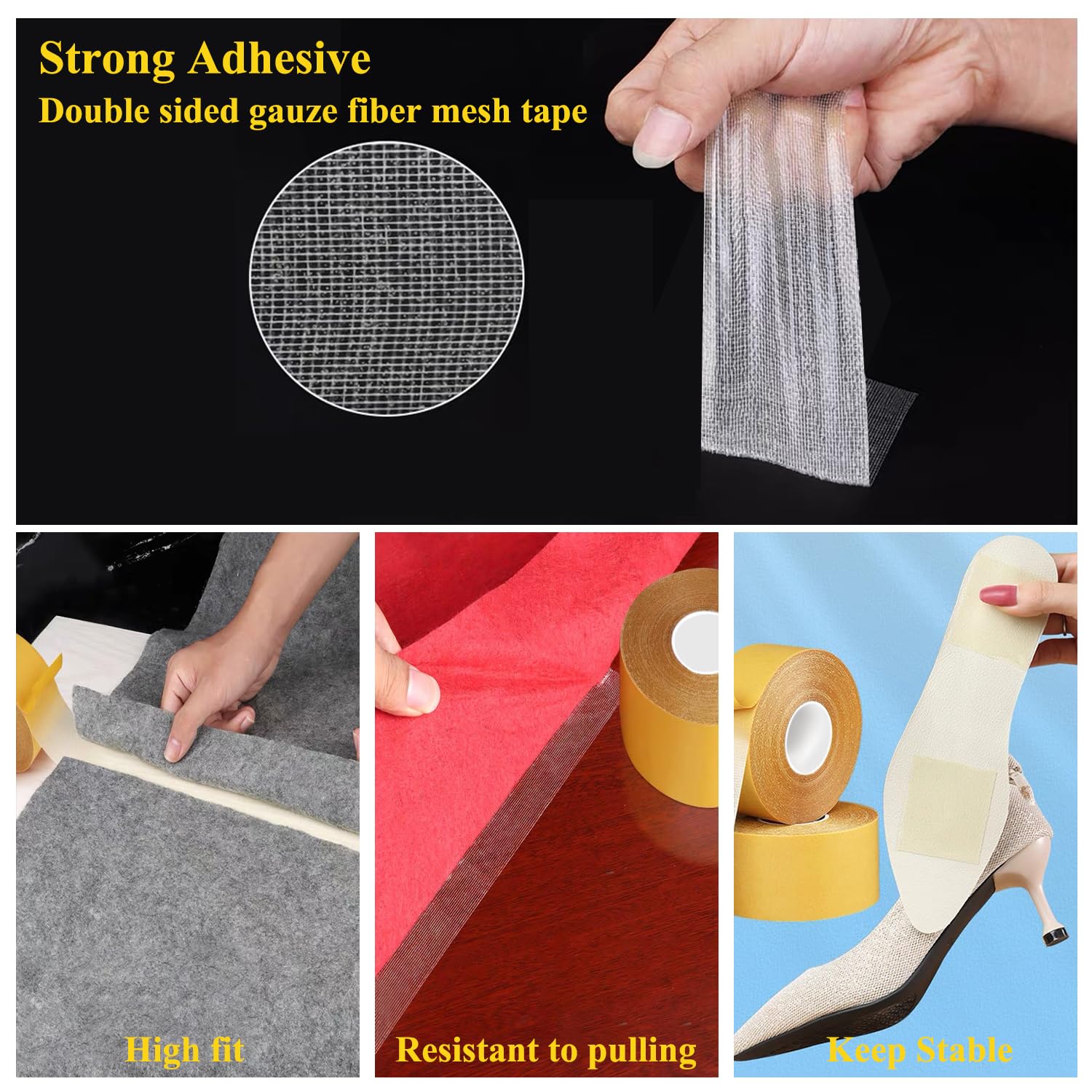 KAIYUER 3Pack Double Sided Rug Tape Heavy Duty,2" x 66FT,Carpet Tape for Rug Fixed,Wall,mats and Woodworker, Super Sticky Cloth Tape,Residue Free