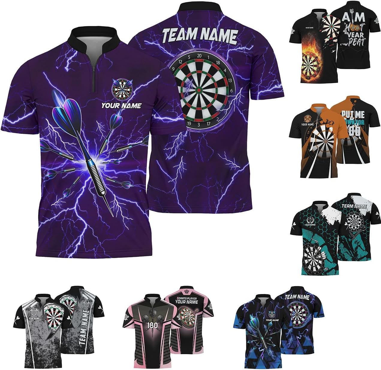Personalize Dart Zippered T-Shirt with Custom Name Print Dartboard Half Zip Jersey for Darts Team
