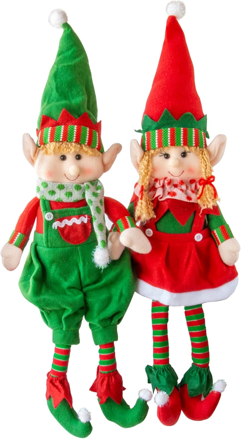 Elf Plush Christmas Stuffed Dolls, Set of 2-18″ Boy and Girl Elves Holiday Cute Plush Shelf Toys – Fun Kids Buddy Figurine Decorations, Christmas Winter Holiday Party Festive Decor and Gift Exchange