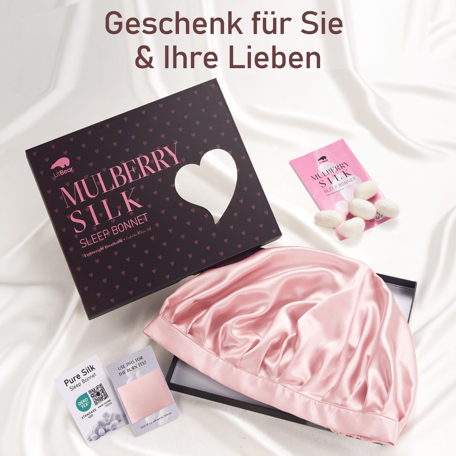 LitBear 22 Momme Seidenhaube zum Schlafen - Schlafmütze aus 100% Maulbeerseide, 100% Silk Bonnet mit elastischem Band, atmungsaktive und verstellbare Schlafhaube für lockiges Haar