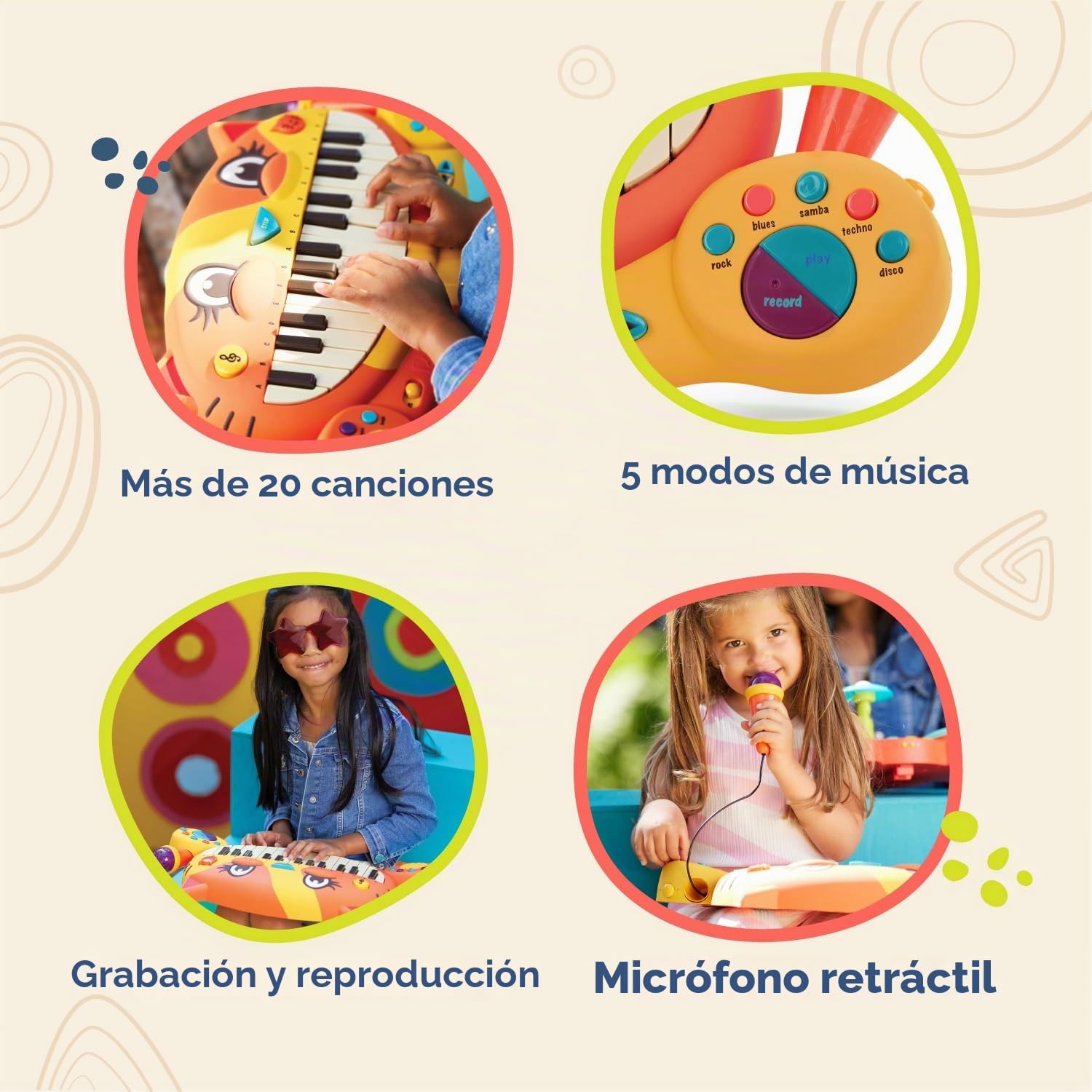 B. toys Meowsic Piano Interactivo de Gato con micrófono de Juguete | Teclado musical con más de 20 canciones, sonidos, ritmos, grabación y reproducción; micrófono retráctil; 2 años y +