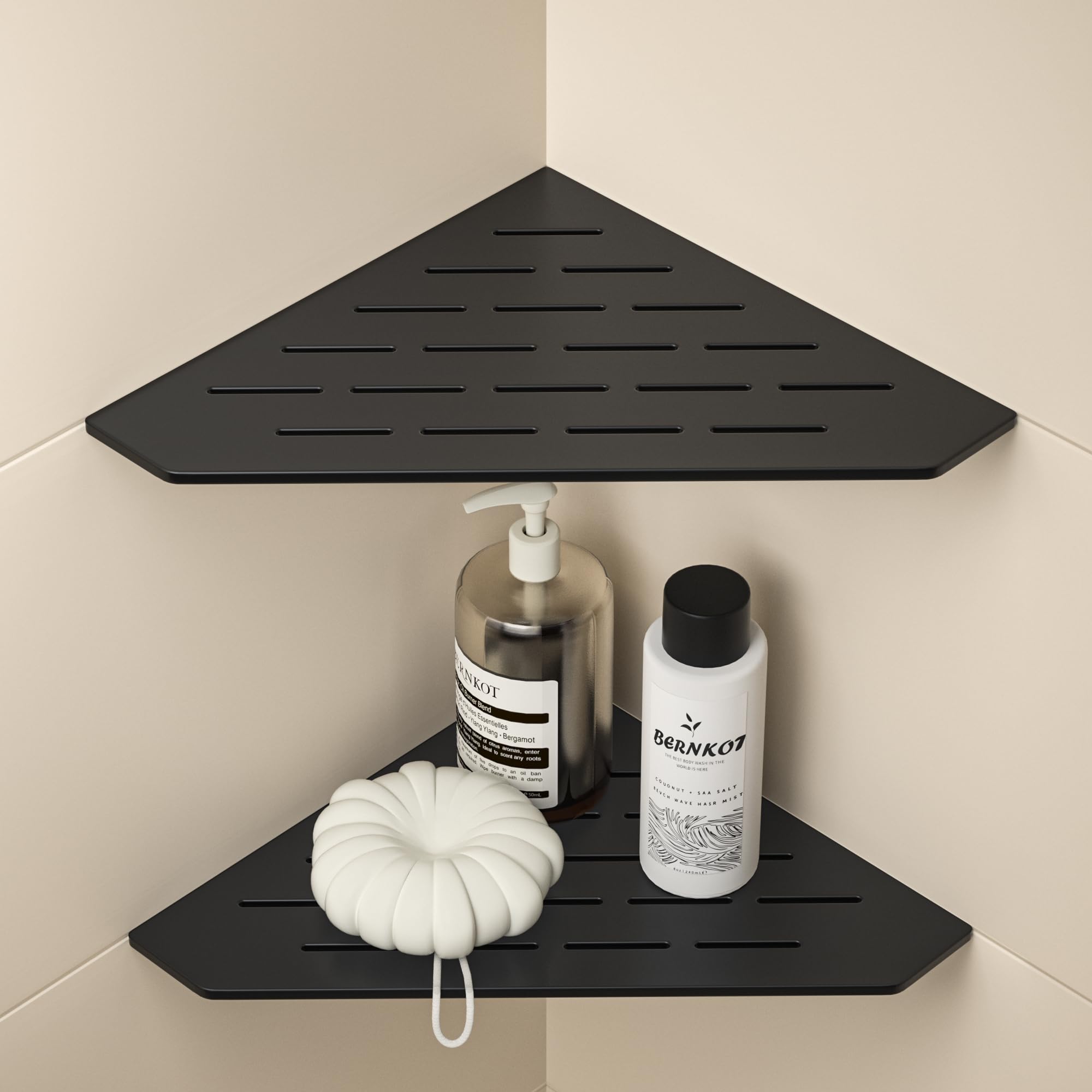 Estantería de esquina de ducha de acero inoxidable, resistente estantería esquinera para paredes de azulejos | Estante de baño de 3 mm de grosor, empotrado, estante de ducha pentagonal, esquina para ducha, color negro, 2 unidades