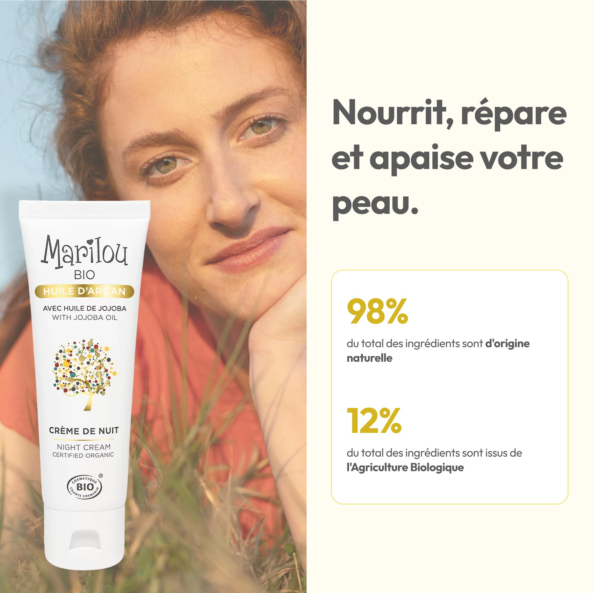 MARILOU BIO - Crème de Nuit visage à l'Huile d'Argan bio - Nourrissante et hydratante - 98% d'ingrédients d'origine naturelle - Peaux normales à sèches - 50ml