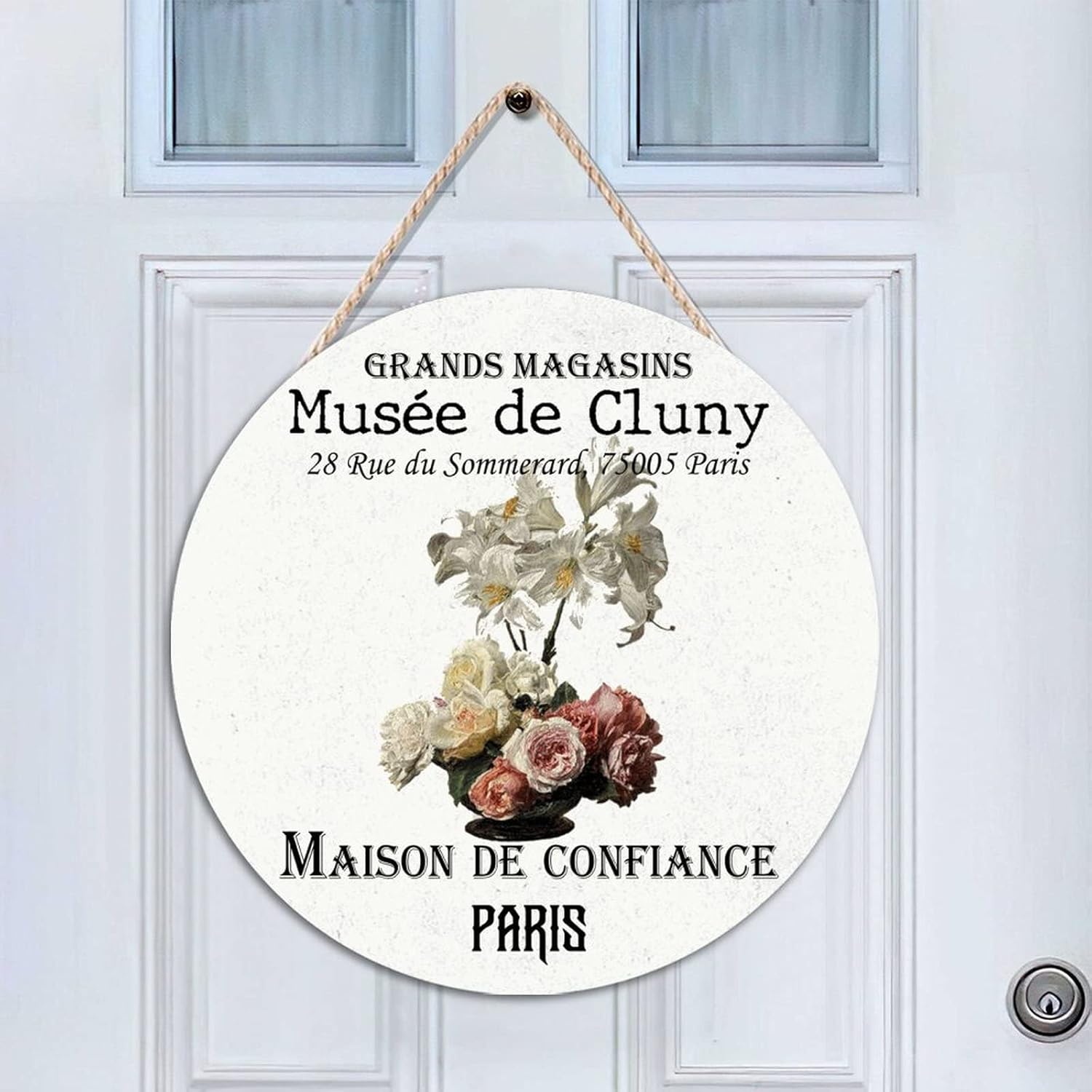 Flower Wall Hanging Sign Plaque, Vintage Flower Wood Door Sign, Old Paper Textures 16x16in Front Door Round Wood Sign for Front Door Entryway Porch Bar Pub Housewarming Gifts