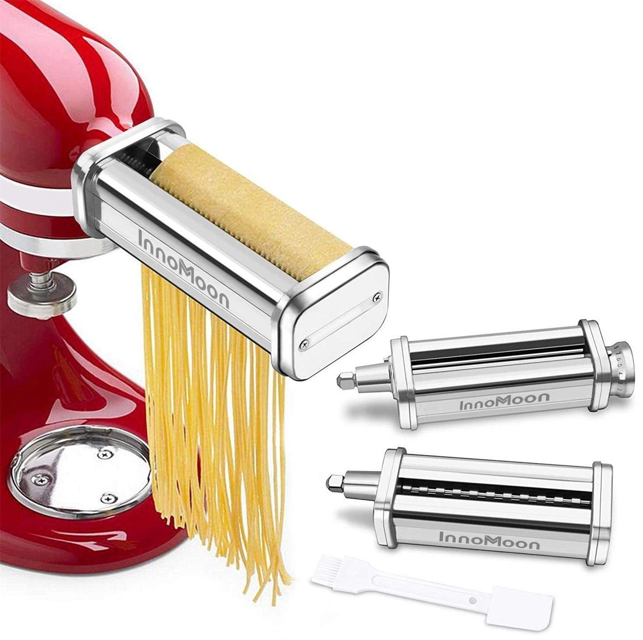 InnoMoonPasta Maker Attachment Set for KitchenAid Stand Mixers,Stainless Steel Pasta Sheet Roller,Spaghetti & Fettuccine Cutters Accessories plus Dough Sc as Gift